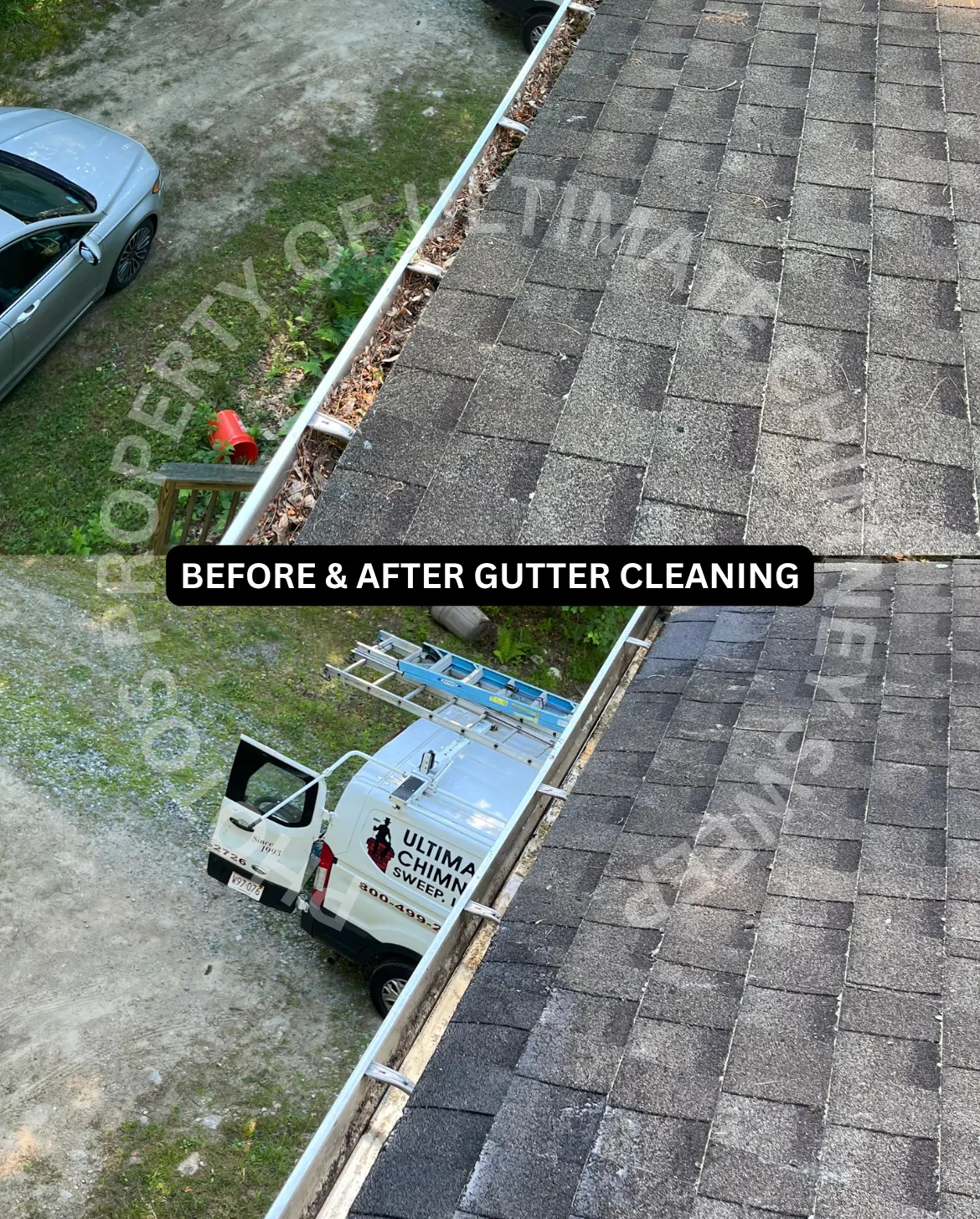 Technician on a ladder cleaning a gutter