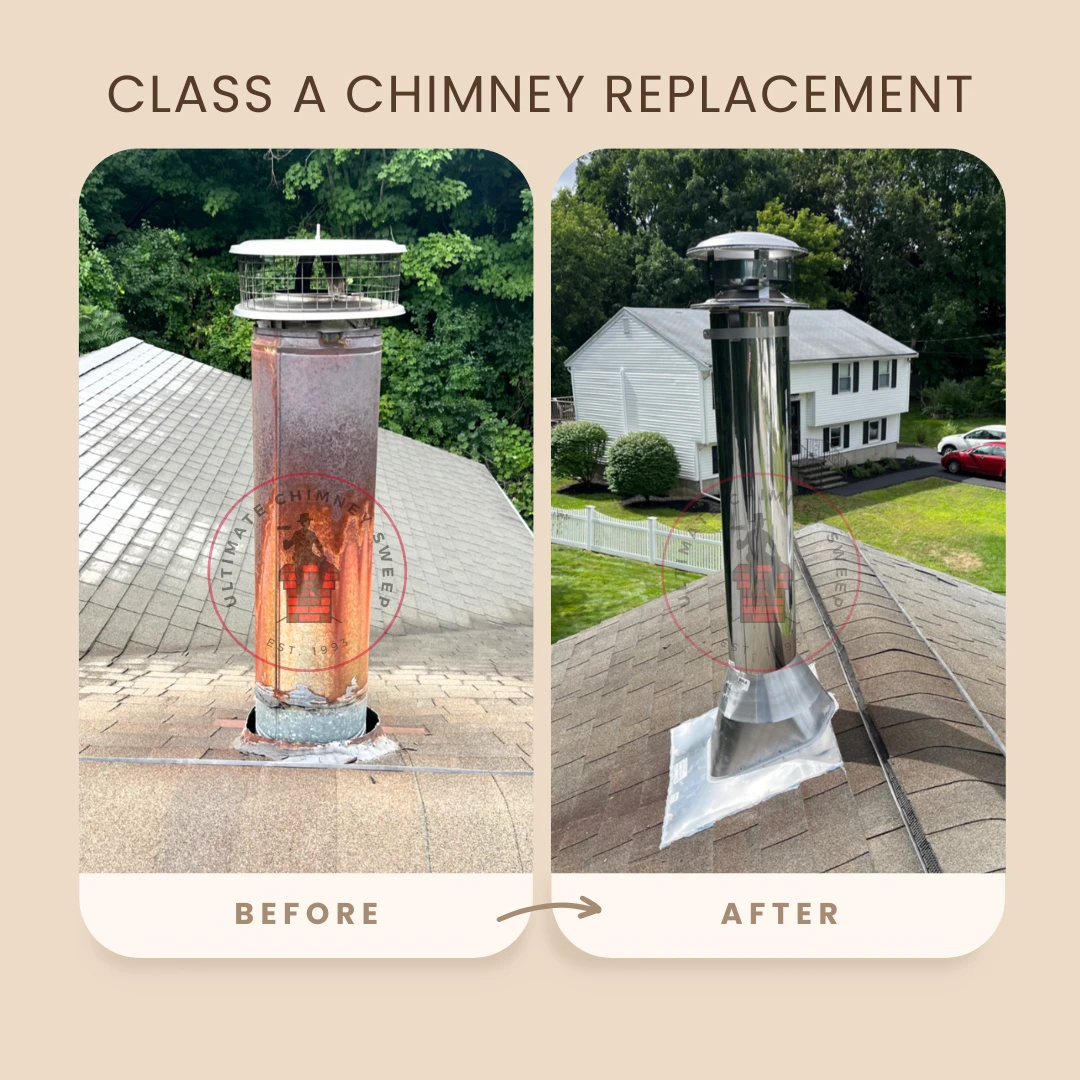 Class A metal chimney pipe before and after replacement