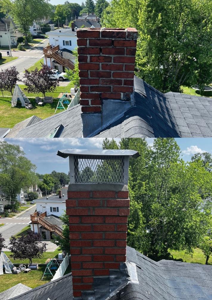 Before and after chimney rebuild with a new cap