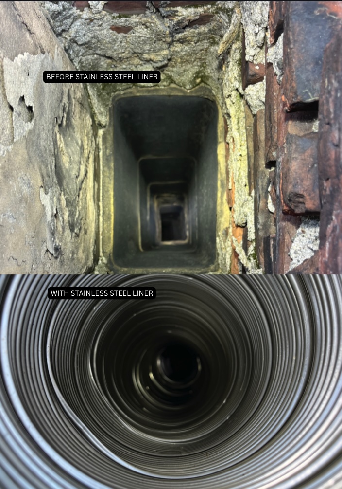Chimney flue before and after a stainless steel liner installation