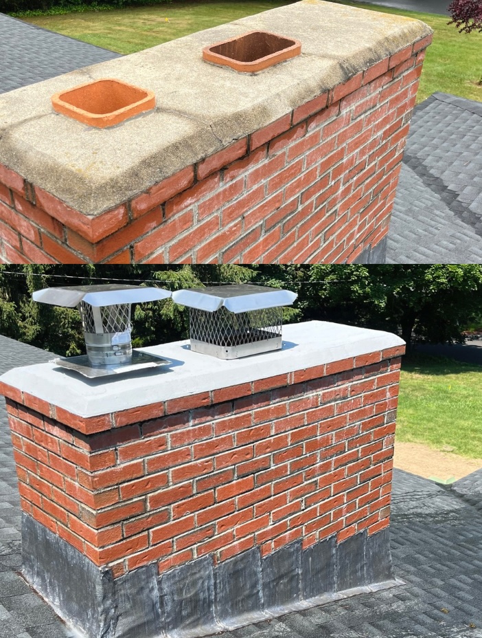 Before and after chimney crown repair with new caps