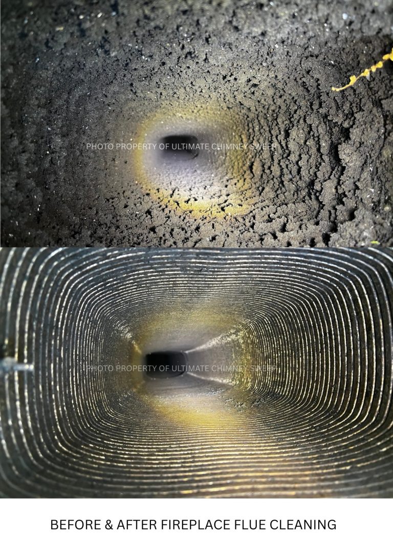 Before and after fireplace flue cleaning