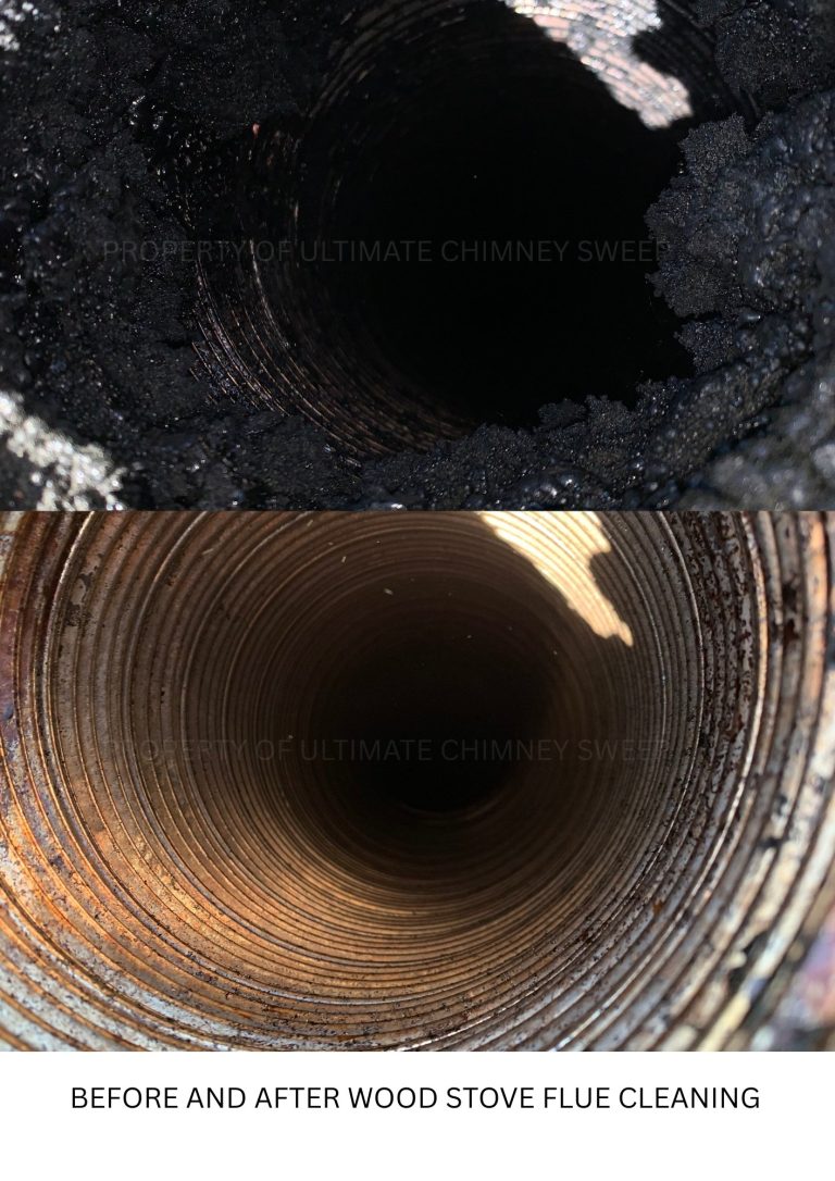 Before and after wood stove flue cleaning