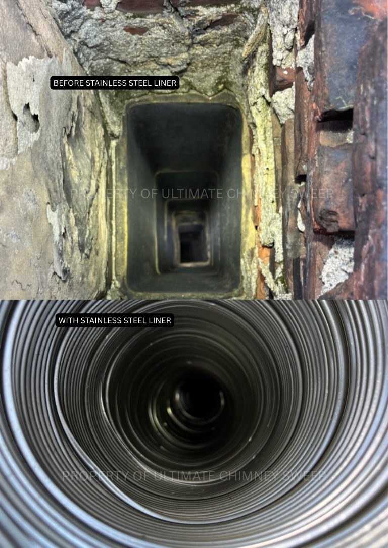 Flue before and with a stainless steel liner
