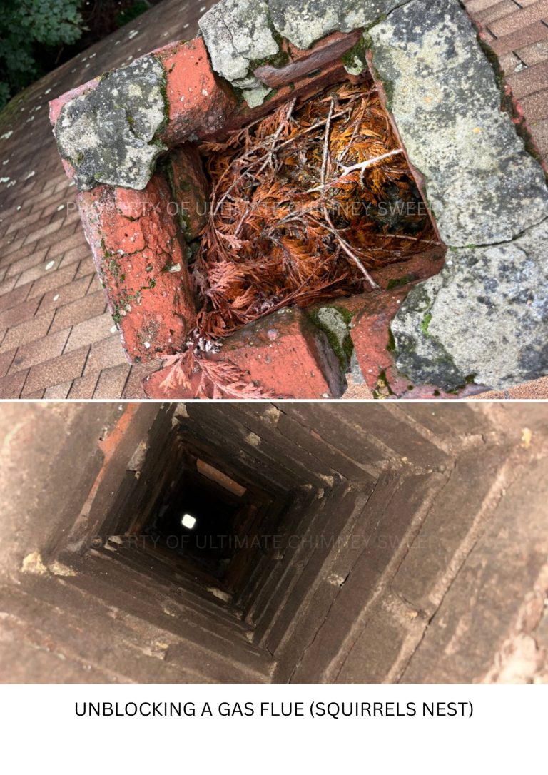 Unblocking a gas flue after removing a squirrel nest