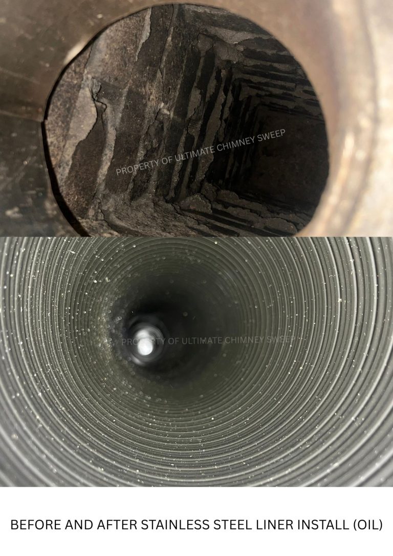 Before and after stainless steel liner install for an oil flue