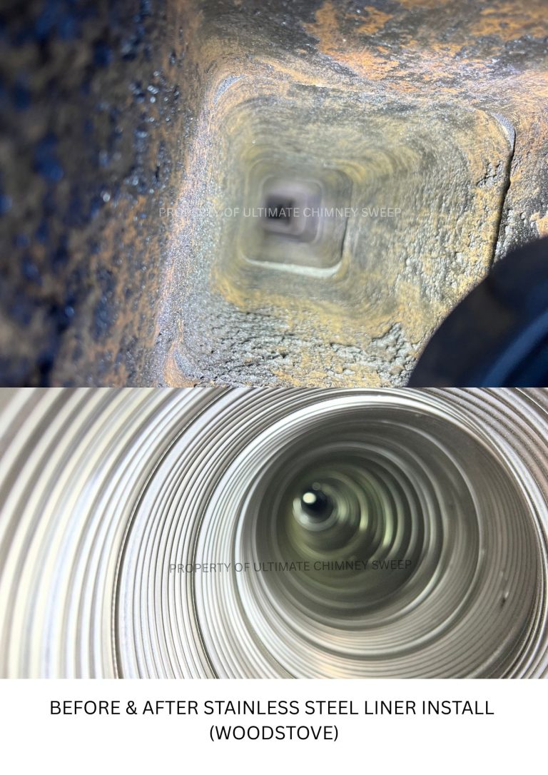 Before and after stainless steel liner install for a woodstove
